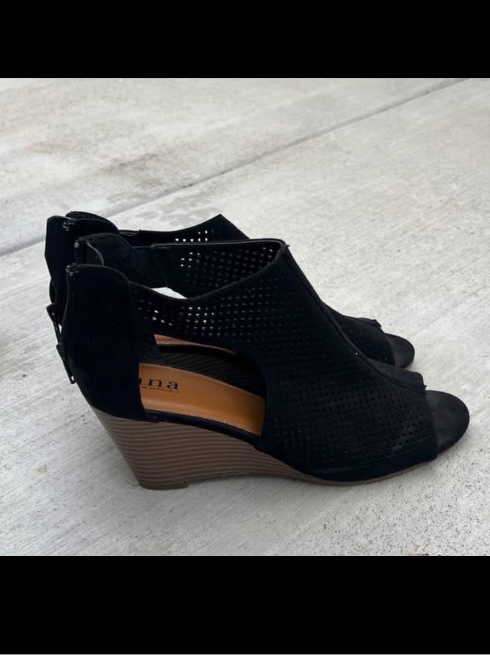 a.n.a Black Perforated Peep-Toe Wedge Sandals